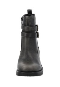 Botas negras hasta el tobillo con un acabado mate elegante, que cuentan con dos hebillas ajustables en las correas y un diseño de punta redondeada. Suela de goma para mayor tracción.
