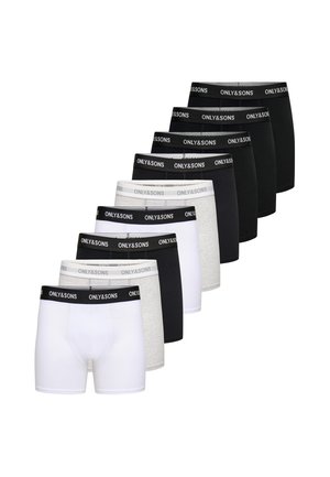 Pacco di nove boxer ONLY&SONS in nero, bianco e grigio con elastici in vita brandizzati, disposti in linea diagonale su sfondo bianco.