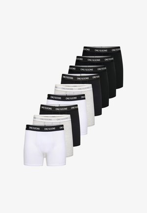 Pakke med ni ONLY&SONS boxershorts i sort, hvid og grå med elastiske taljebånd med logo, arrangeret diagonalt på hvid baggrund.