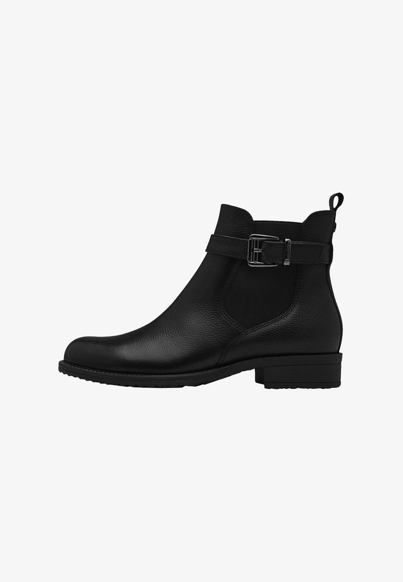 Botines de cuero negro con textura suave, paneles laterales elásticos, un acento de hebilla y un tacón bajo cuadrado.