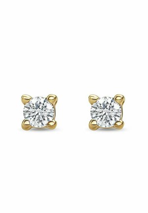 Orecchini a bottone con diamante rotondo montati in oro giallo con quattro punte, esposti su sfondo bianco.