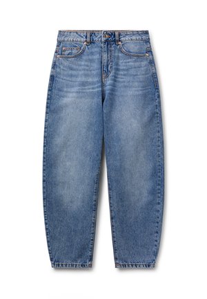 Blauwe denim jeans met een losse pasvorm, voorzien van vijf zakken, riemlussen en zichtbare stiksels. Glad textuur met een vervaagde afwerking.