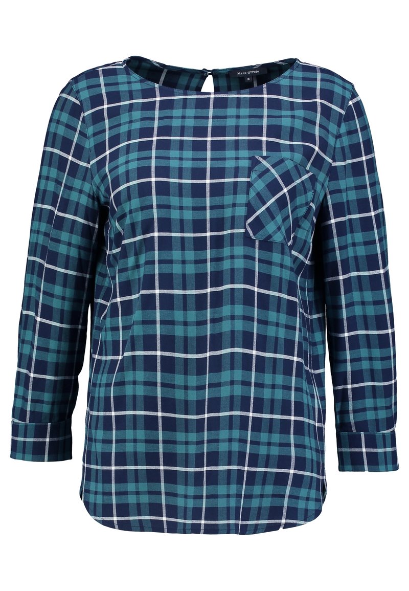 Navy and teal checkered blouse with long sleeves, a round neck, a keyhole back, and a front pocket. Made from soft, lightweight fabric.