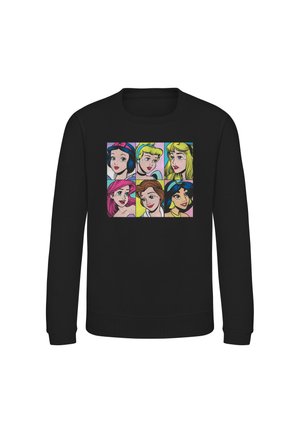 Sort sweatshirt med farverige pop art-stil ansigter af seks animerede prinsesser, arrangeret i to rækker af tre.