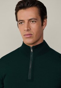 Dunkelgrüner Reißverschluss-Pullover mit hohem Kragen. Mit silbernem Reißverschluss und strukturiertem Stoff, der eine taillierte Passform zeigt.