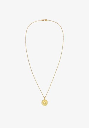 Zlatý náhrdelník s jemným reťazcom a obľúbeným kruhovým príveskom. Prívesok má vyvýšený dizajn slnka a textúrované detaily.