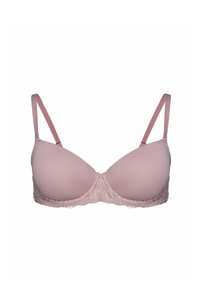 Jasnoróżowy, wyściełany biustonosz z regulowanymi ramiączkami i koronką przy dolnym pasku, pokazany na białym tle.