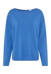 Blauwe lange mouwen top van een zachte, lichte stof met een bootnek en een ontspannen pasvorm. Kenmerkt zich door een afgeronde zoom en minimale details.