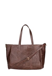Borsa tote in pelle effetto coccodrillo marrone con doppi manici superiori e tracolla rimovibile. Caratterizzata da un design strutturato e una texture naturale.