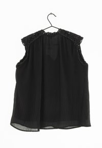 Blusa sin mangas negra con un delicado yugo de encaje. Fabricada en una tela fina y suave, presenta sutiles pliegues verticales y un dobladillo redondeado.