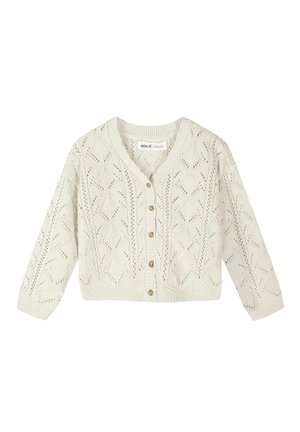 Cardigan tricoté couleur crème avec motifs en losange et feuille, manches longues, col en V et cinq boutons marron sur le devant.