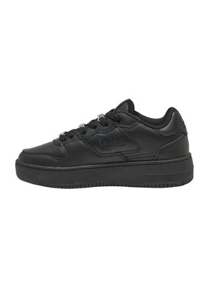 Sneaker nera in pelle testurizzata con lacci piatti, suola in gomma, colletto imbottito e dettaglio del logo sul lato. Design low-top.