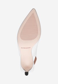 White high-heeled shoe with a pointed toe and an open back. Smooth upper, beige insole, and a textured rubber outsole with branding.