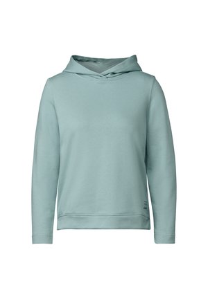 Lysegrøn langærmet pullover hoodie med ensfarvet front og et lille stofmærke nederst til venstre.