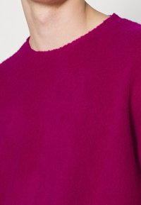 Maglione di lana magenta con una superficie morbida e testurizzata, caratterizzato da un classico collo rotondo e finiture a costine sul collo e sull'orlo.