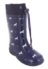 Les bottes de pluie en caoutchouc bleu marine présentent un motif de licorne blanche et de fer à cheval, un cordon de traction en haut et une semelle texturée pour une meilleure adhérence.