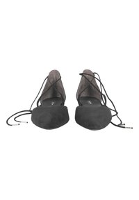 Ballerine nere in suede con punta arrotondata, schiena aperta e sottili lacci. La texture è morbida e liscia, con minimi dettagli decorativi.