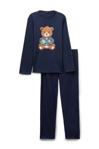 Tmavě modrý pyžamový set s dlouhým rukávem a medvědím motivem na tričku. Součástí jsou také jednobarevné tmavě modré kalhoty z měkké, prodyšné látky.