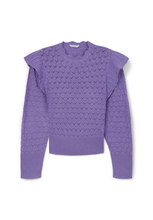 Purple knitted sweater featuring a textured pattern, long sleeves, and ruffled accents at the shoulders. Ribbed cuff and hem.