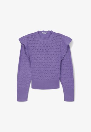 Lila gestrickter Pullover mit einem strukturierten Muster, langen Ärmeln und Rüschendetails an den Schultern. Ribbeliger Bund und Saum.