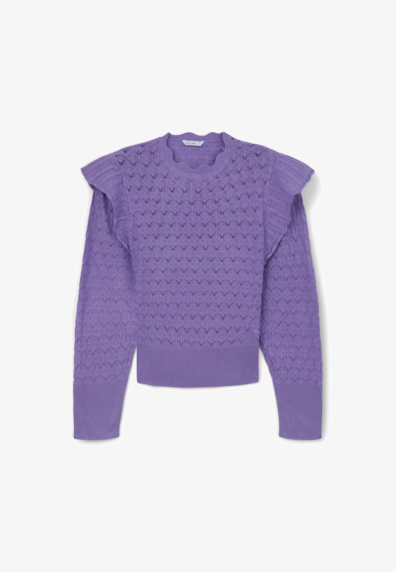 Lila gestrickter Pullover mit einem strukturierten Muster, langen Ärmeln und Rüschendetails an den Schultern. Ribbeliger Bund und Saum.