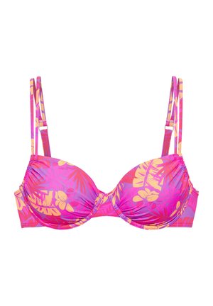 Pink gepolstertes Bikinioberteil mit gelbem und rotem tropischem Blumenmuster und doppelten, verstellbaren Schulterträgern auf weißem Hintergrund.