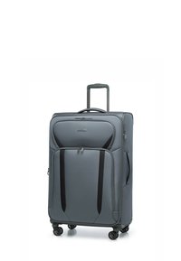 Grijze rolkofffer met een uitschuifbare handgreep, zijvakken, zwarte accenten, een gladde textuur en vier draaibare wielen voor gemakkelijke wendbaarheid.