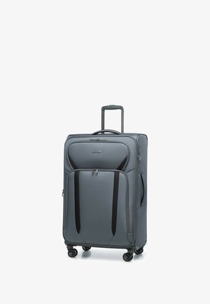 Valigia grigia con manico retrattile, tasche laterali, accenti neri, superficie liscia e quattro ruote girevoli per una facile manovrabilità.