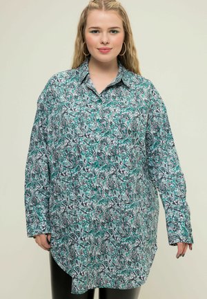 Camicia a maniche lunghe con bottoni in stampa paisley teal e nera, con colletto, orlo curvo e vestibilità rilassata, realizzata in tessuto leggero.