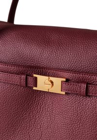 Borsa in pelle bordeaux con finitura testurizzata, chiusura in metallo dorato e dettagli cuciti lungo la tracolla. Design compatto.