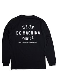Langärmliges schwarzes T-Shirt aus Baumwolle mit auffälligem weißen Text auf dem Rücken: „DEUS EX MACHINA VENEDIG“ mit Adresse darunter.