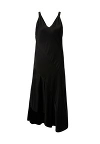 Robe noire sans manches en tissu lisse ; dotée d'un décolleté en V, d'un ourlet asymétrique et de coutures diagonales pour ajouter de la texture.