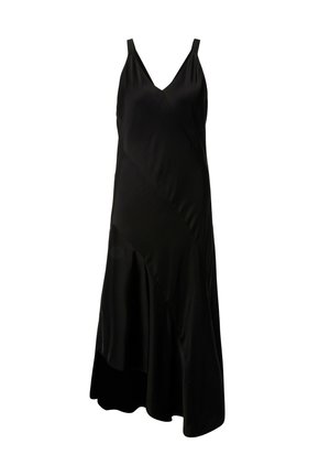 Vestito nero senza maniche realizzato in tessuto morbido; presenta un scollo a V, un orlo asimmetrico e cuciture diagonali per un tocco di texture in più.