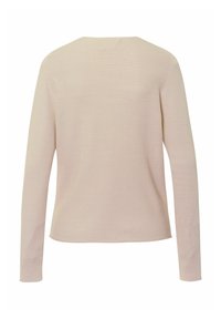 Pull en maille beige à manches longues avec un design simple, vu de dos, avec une fine texture côtelée et un ourlet droit.