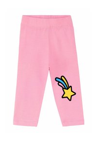 Vaate pinkki legginssejä, jotka on valmistettu pehmeästä kankaasta. Niissä on keltaisen tähden graafinen kuvio, jossa on sinisiä ja mustia yksityiskohtia vasemmassa alakulmassa. Elastiikkavyötärö.