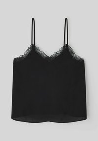 Camisole noire avec des fines bretelles et une bordure en dentelle festonnée le long de l'encolure. Tissu doux avec une coupe décontractée et un ourlet droit.