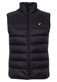 Gilet imbottito nero senza maniche con colletto alto e zip frontale, caratterizzato da un logo di aquila gialla sull'area sinistra del petto.