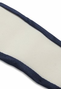 Texturiertes Cremestoff mit einem dunkelblauen Rand, der ein Gittermuster zeigt, flaches Design und glatte Oberfläche. Ideal für verschiedene Anwendungen.