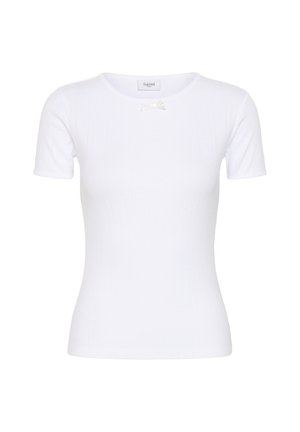 Haut blanc ajusté à manches courtes avec un col rond et un petit nœud décoratif sous le col.