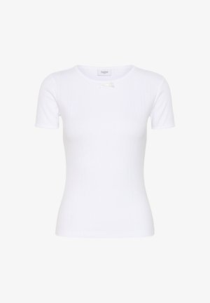 Haut blanc ajusté à manches courtes avec un col rond et un petit nœud décoratif sous le col.