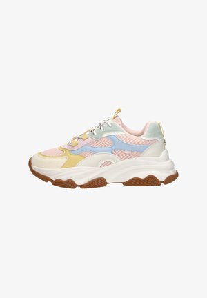 Multicolor sneakers with mesh and suede panels in pink, yellow, blue, and white. Thick rubber sole with textured brown outsole.