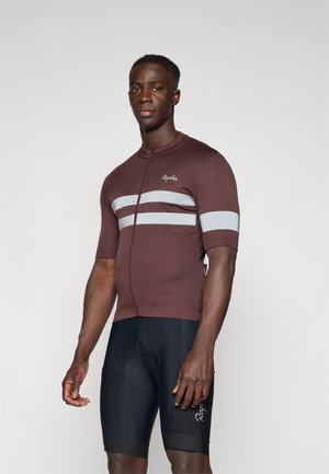 Krátký rukáv cyklistický dres v tmavě vínové barvě se šedými pruhy, vyrobený z elastického materiálu; má přední zip a slim fit střih.