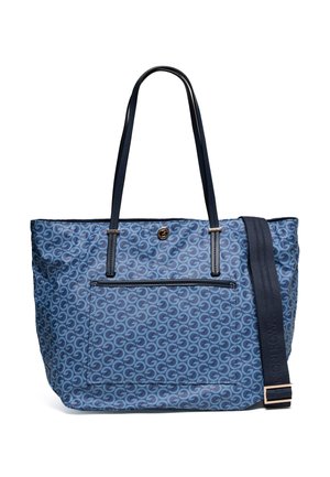 Borsa tote blu con motivo, due manici neri, tasca anteriore con zip e tracolla nera regolabile con dettaglio fibbia.