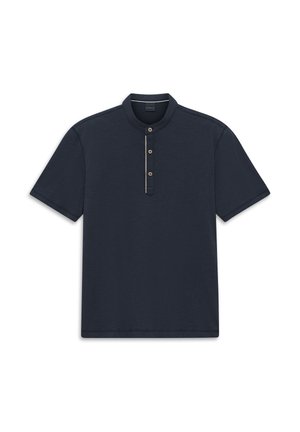 Marineblaue kurzärmelige Bluse mit Stehkragen und einer dreiknöpfigen Leiste in der vorderen Mitte.
