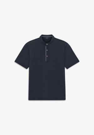Marineblaue kurzärmelige Bluse mit Stehkragen und einer dreiknöpfigen Leiste in der vorderen Mitte.