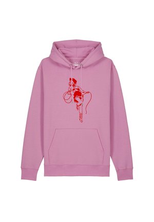 Sweat à capuche rose avec poche avant présentant un graphisme rouge d'une femme en bottes jouant avec un lasso.