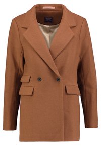 Abrigo de mezcla de lana marrón que presenta un cuello con muesca, un frente de doble botonadura, botones negros y bolsillos laterales con un forro interior suave.