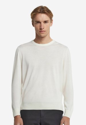 Pull léger à col rond en ivoire, avec des manches longues, des poignets et un ourlet côtelés, présentant une texture lisse et un léger éclat.