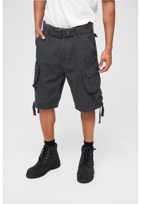 Dark gray cargo shorts made of cotton, featuring multiple side pockets, adjustable straps at the hem, and a fitted waistband with a black belt.