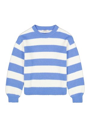 Blauwe en witte gestreepte trui, geribbelde textuur, ronde hals, lange mouwen, met bredere blauwe strepen die afwisselend met wit zijn.